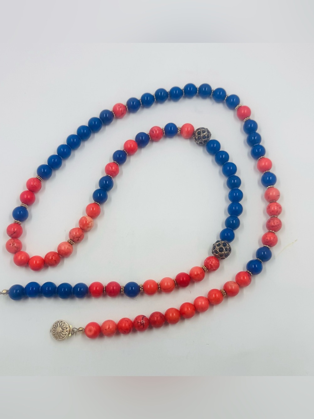 RARE Signed Vintage LAPIS, CORAL & 14K GOLD NECKLACE